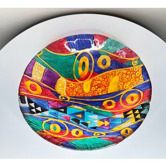 VTG Postmodern Gustav Klimt Inspired Hand Painted Art Glass Abstract Bowl - Picture 6 of 7